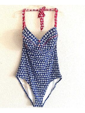 Lepel Navy & White Sailboat Print Halter One-Piece Swimsuit